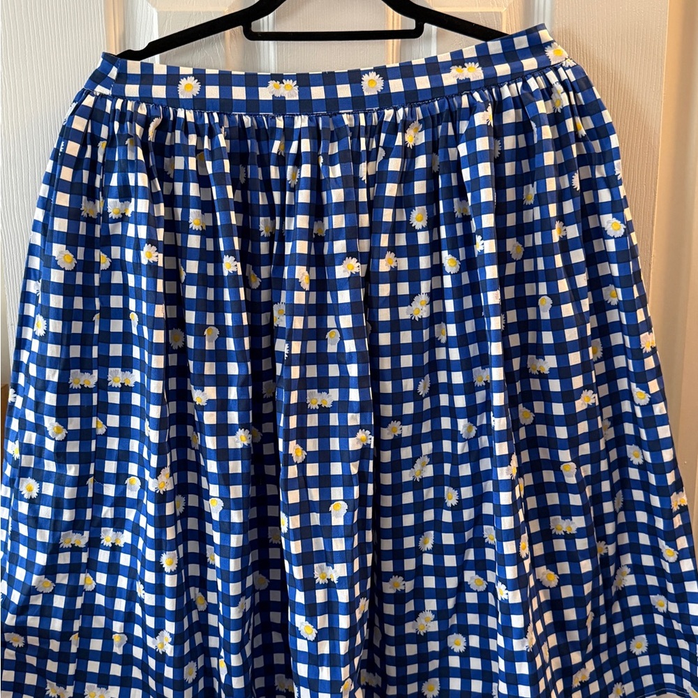 Collectif Blue and White Checkered Floral A-Line Skirt